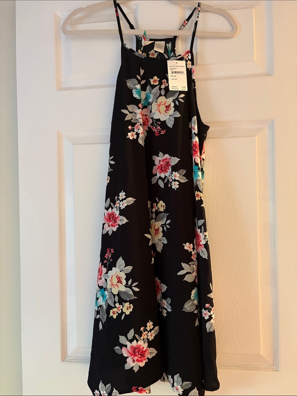 Nordstrom Black Floral Spaghetti-Strap Mini Dress with Pink and Teal Blooms
